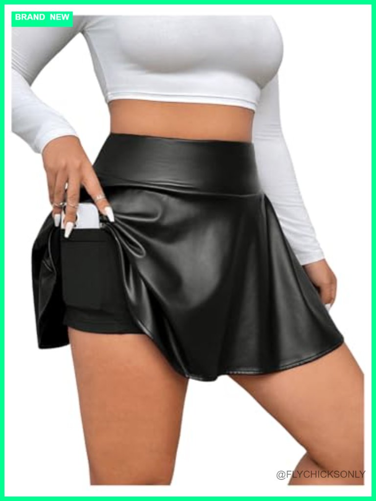 Pu Leather Ruffle High Waist Pleated Skater Skirt With Built-In Shorts